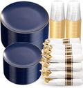 KIRE 350Pcs Blue and Gold Disposable Dinnerware Set - Heavy Duty Plates, Cups, Napkins & Silverware for Parties