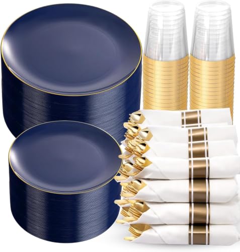 KIRE 350Pcs Blue and Gold Disposable Dinnerware Set - Heavy Duty Plates, Cups, Napkins & Silverware for Parties