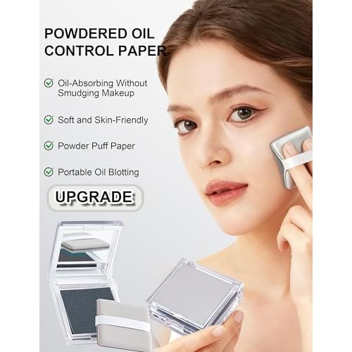 Oil Blotting Paper with Powder - 100 Sheets with Mirror, Puff & Refills, Absorbs Excess Face Oil, Controls Shine, Gentle for Makeup Use