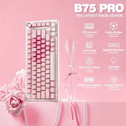 Wireless Mechanical Keyboard 75% Gasket Mount RGB with Multimedia Knob - Pink, Cocoa Cream V2 Switch