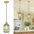 Vintage Green Ribbed Glass Pendant Light with Adjustable Brass Fixture for Kitchen Island