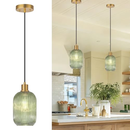 Vintage Green Ribbed Glass Pendant Light with Adjustable Brass Fixture for Kitchen Island