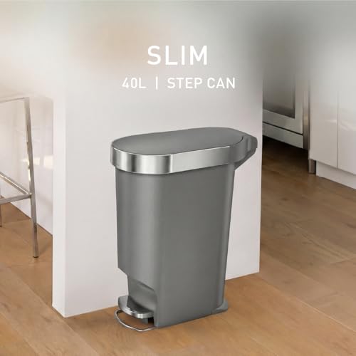 simplehuman Slim Step Trash Can 40L Grey - Silent Close Lid & Steel Pedal