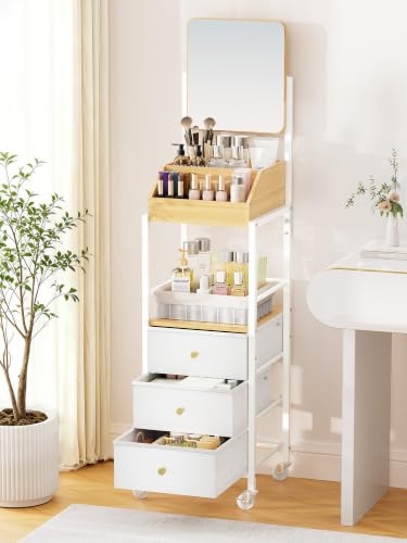 White Makeup Organizer Cart with Mirror and Storage Drawers - Rotating Vanity Trolley