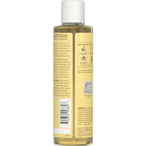 Burt's Bees Nourishing Cleansing Oil With Coconut and Argan Oils, Cleansing Face Oil for Normal to Dry Skin, College Back to School Dorm Essentials, Natural Origin Skin Care, 6 fl. oz. Bottle