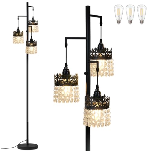 DMBOSS Crystal Floor Lamp - Modern Black Crown Design with Stepless Dimming (Black)