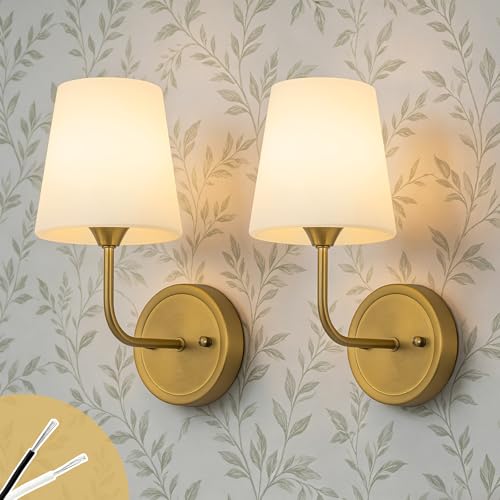 Set of 2 Brass Wall Sconces with Glass Shades - Mid Century Modern Hardwired Lighting
