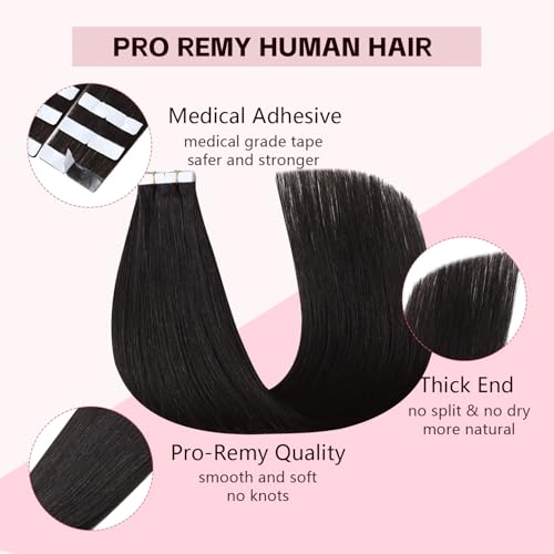 3rd-Generation Invisible Hair Extension Tape - Real Human Hair, Natural Black, 14 Inch