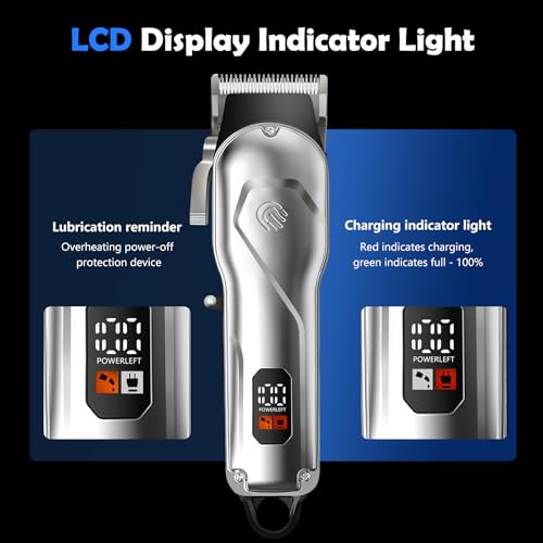 Professional Hair Clippers for Men, Cordless Rechargeable Hair Clipper with LCD Display, Household Trimmer Set for Haircut & Grooming(Silver-White)