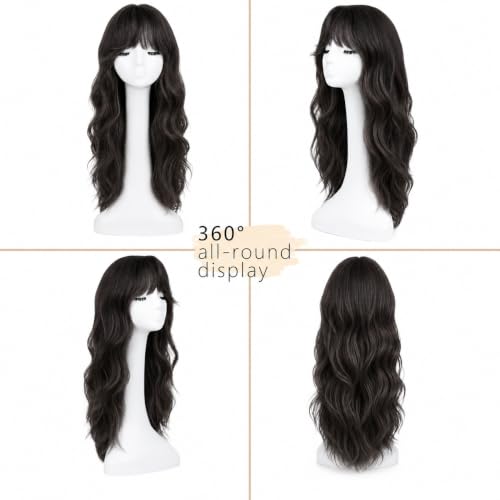 Long Wavy Wig with Bangs for Women Dark Brown, Natural Look, Adjustable Fit