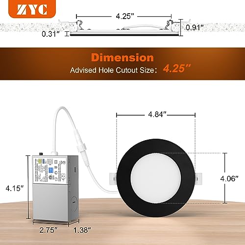 ZYC 4 Inch LED Recessed Downlights 6 Pack, Dimmable Ultra-Thin Ceiling Lights with Night Light, 2700K-6000K, 800LM, Gold