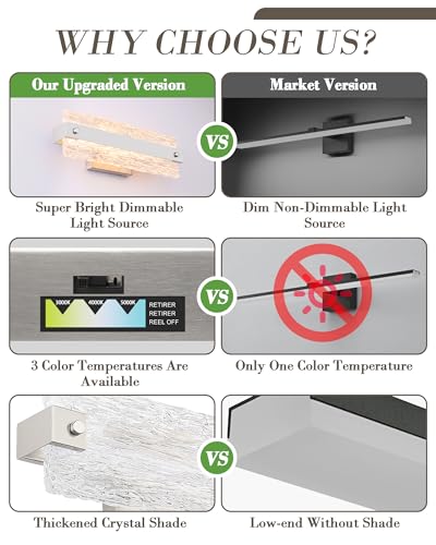 16.5-Inch Nickel Modern LED Bathroom Vanity Light Fixture Over Mirror - 10W, Dimmable, Removable Cover