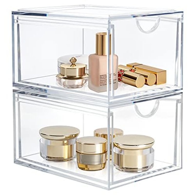2 Pack Clear Stackable Storage Drawer, Bathroom Makeup Organizer, Plastic Storage Bins, Acrylic Organization and Storage for Vanity, Kitchen Cabinets, Pantry, Undersink