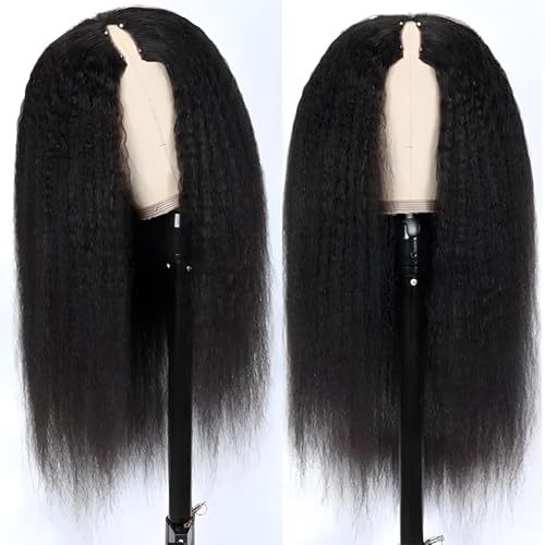20 Inch Natural Color V Part Human Hair Wig for Black Women, Kinky Straight, Glueless Half Wigs