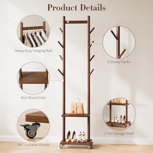Yoobure Walnut Freestanding Coat Rack with 8 Hooks & Shelves - Portable Wooden Clothing Stand, 15.8"
