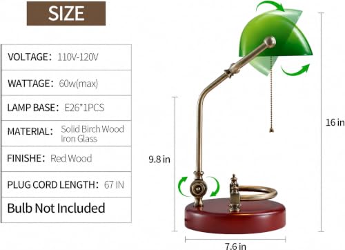 Green Banker Desk Lamp with Solid Birch Wood Base and Pull Chain Switch - Traditional Glass