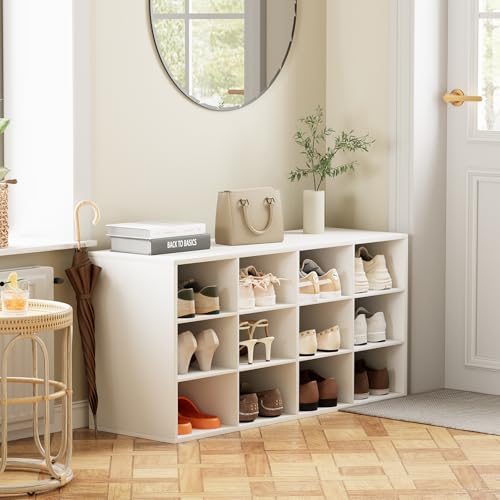 12-Cubby Shoe Rack 3-Tier Wood Organizer Bench - White, Multifunctional Entryway Storage