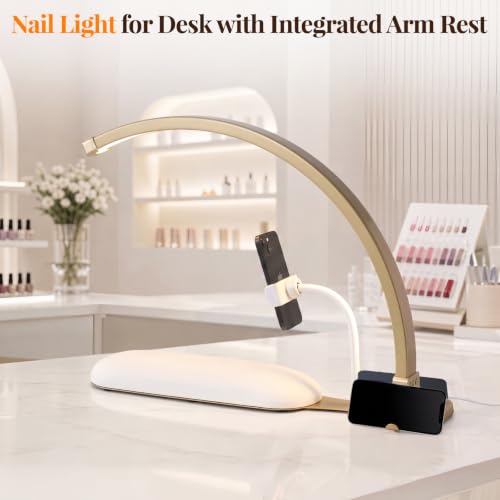 Nail Desk Lamp with Arm Rest - Shadow-Free Half Moon Light, Dimmable, Gold