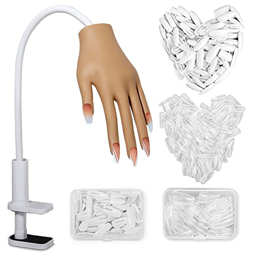 LIONVISON Practice Hand for Acrylic Nails with 200 Nail Tips - Silicone Nail Practice Mannequin, Flexible & Never Falls Off, Includes Upgrade Nail Tips Set