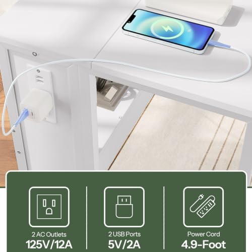 White Folding Computer Desk with Power Outlets - Portable Rolling Office Table