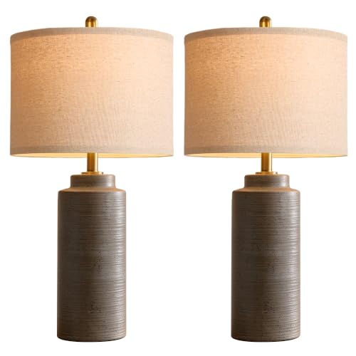 PARTPHONER 27" Greyish Brown Vintage Ceramic Table Lamp Set of 2 | Ribbed Texture, Brass Accents, Linen Shade
