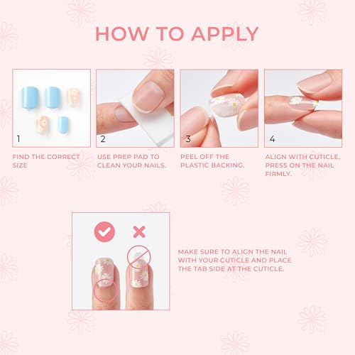 KISS | The Summer I Turned Pretty Press On Nails, Blue & White, Daisy Floral Design, Short Squoval, 30 Fake Nails, Prep Pad, Mini Nail File, & Manicure Stick
