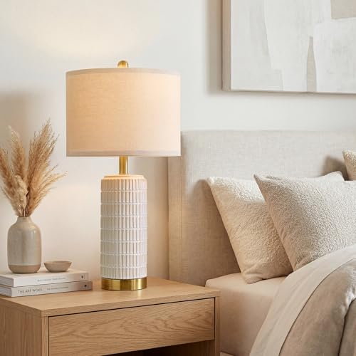 PoKat 25'' Beige Farmhouse Table Lamps Set of 2 with Gold Bases for Bedroom Living Room