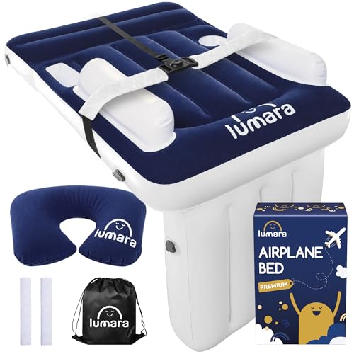 LUMARA Premium Blue Toddler Inflatable Airplane Bed - Travel Child Mattress with Safety Straps