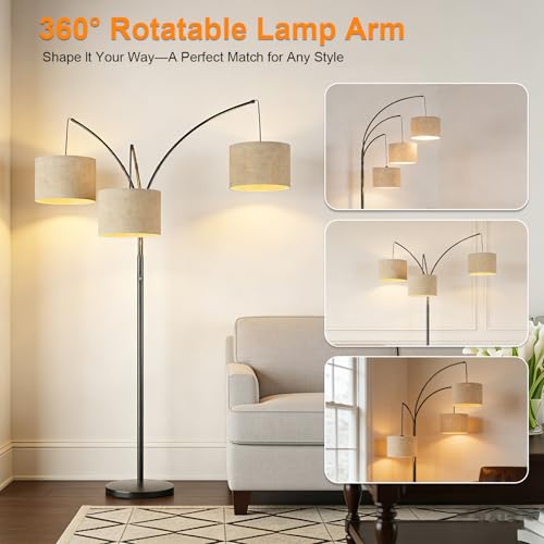 VANZBON 80 Inch Beige Arc Floor Lamp with Remote Control and 3 Adjustable Shades