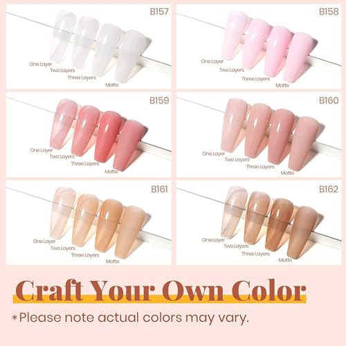 Beetles Gel Nail Polish Kit with U V LED Light - 6 Colors Jelly Milky White Sheer Pink Nude Gel Polish Starter Kit Manicure,Soak Off U V Nail Polish Set Salon DIY for Girl