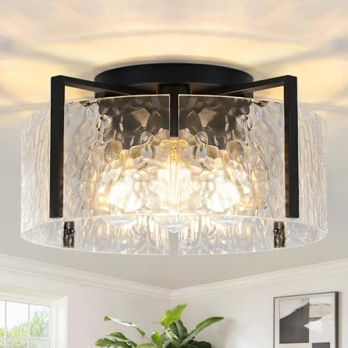 Black 16-Inch Semi-Flush Mount Ceiling Light with Hammered Glass Drum Fixture