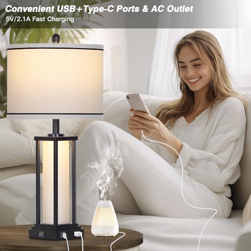 27-Inch Vintage Black Farmhouse & Industrial Table Lamp Set with USB-C, Outlet & Frosted Glass Night Light - Variation: Black