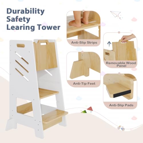 Toddler Kitchen Tower Step Stool with Sliding Panel - White, 3-Level Adjustable & Safety Features