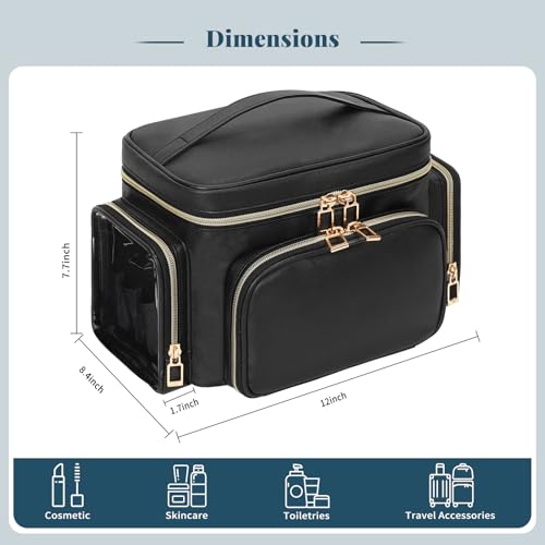 Large Makeup Bag with LED Mirror, Travel Makeup Bag Organizer for Women Girls with Makeup Brush Compartment & Two Side Pockets, 3 Color Lights Cosmetic Toiletry Bag- Leather Black