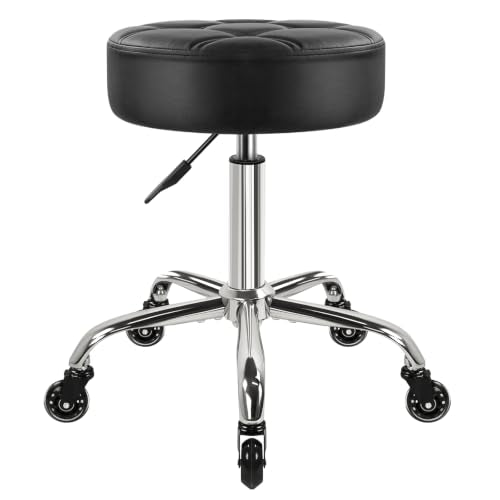 WKWKER Black Heavy Duty Adjustable Rolling Stool with 360° Swivel & Thick Leather Seat