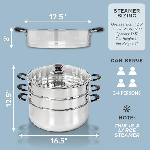 Stainless Steel 3-Tier Steamer Pot - Large Multi-Use Cookware for Vegetables & Rice