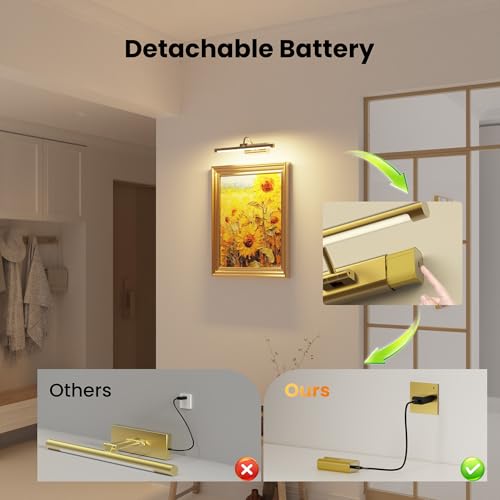 Brass 16-Inch Rechargeable Picture Light - Wireless Art Display Lighting with Remote