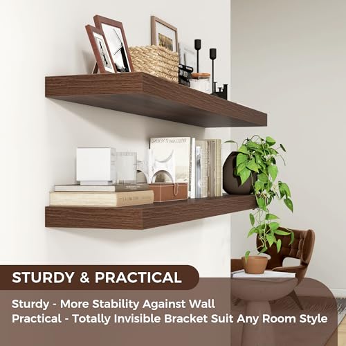 48-Inch Walnut Floating Wall Shelves Set - Modern Rustic Storage, 2-Pack