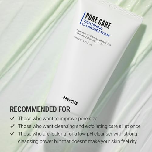 ROVECTIN Pore Tightening Cleansing Foam | Green Papaya, Glycerin, Charcoal Powder, AHA/BHA/PHA for Refining Pore Size, Non-Irritating | Oily, Dull Skin | Vegan (5.07 fl. oz.,150 ml)