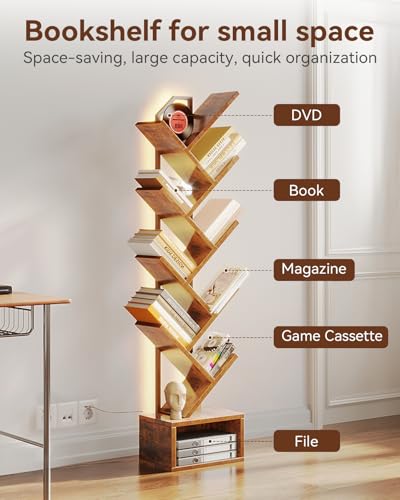 Small Vintage Tree Bookshelf with RGB LED Lights, 8-Tier Space-Saving Design