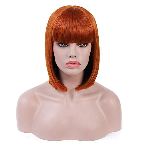Brown Orange Short Bob Wig with Bangs - Glueless Synthetic Hair for Cosplay & Halloween - Variation: Brown Orange