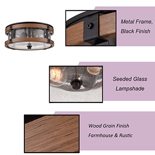 2-Light Ceiling Light with Seeded Glass Shade - Black & Rustic Finish, 4.1 Inch Height