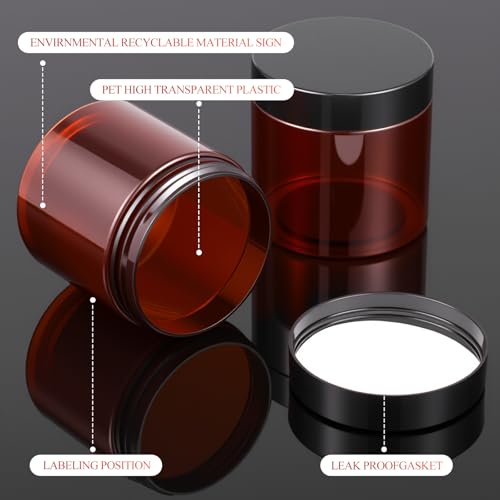 Plastic Jars with Lids - 8oz Amber Containers Bulk Pack of 60 - Leakproof & Transparent