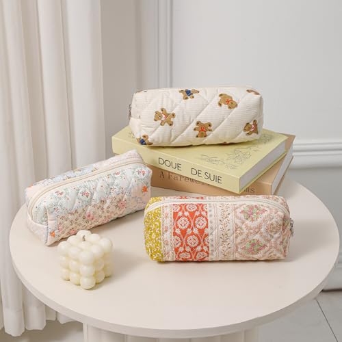 Large Quilted Makeup Bag for Women - 3 Pack Pink Flower Variation