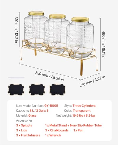 2 Gallon Beverage Dispenser 3 Pack with Metal Stand & Spigot - Glass Drink Dispensers for Parties