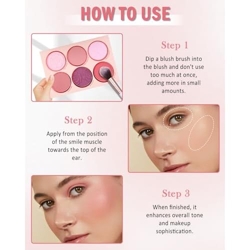Matte Face Blush Palette with Brush-6 Color High Pigment Mineral Blendable Blusher Contour Powder for Cheeks,Longlasting Facial Beauty Cosmetic,Valentine's Women's Day Makeup Gift for Women-Set 02