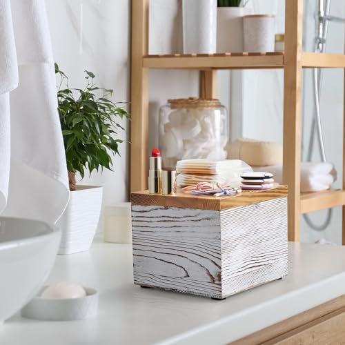 White Washed Wood Face Towel Holder with Lid - Dispenser for Vanity & Bathroom