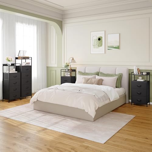 Tall Fabric Dresser with 5 Drawers - Modern Bedroom Storage Nightstand - Black, 11.4 x 15.2 x 42.1 Inches