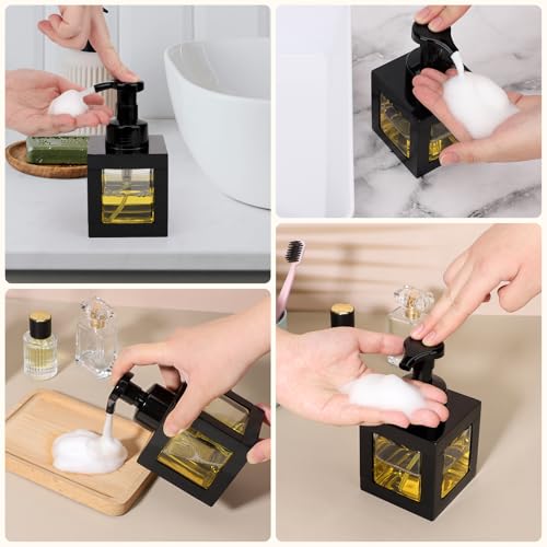 Segbeauty 11.84oz Black Foaming Soap Dispenser for Bathroom, 2pcs 350ml Empty Square Dish Soap Dispenser with Labels Pump for Kitchen, Refillable Hand Wash Foam Dispenser Soap Reusable Shampoo Bottles
