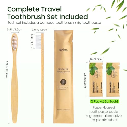 50 Pack Bamboo Toothbrushes with Toothpaste - Individually Wrapped, Soft Bristles, Guest-Ready